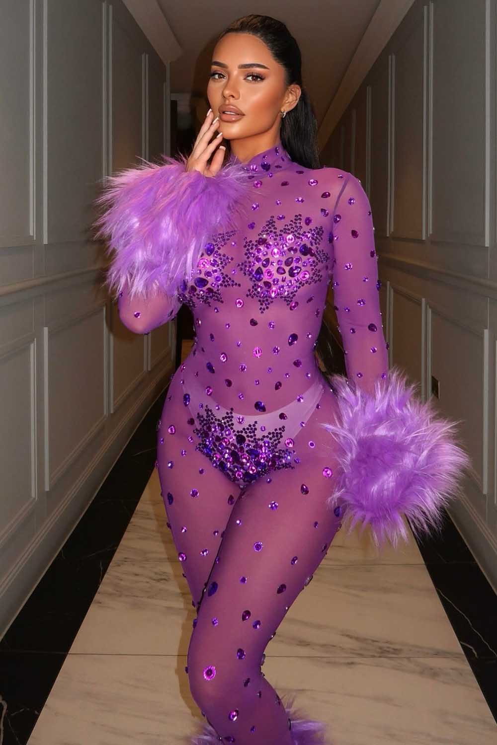Mock Neck Fuzzy Cuff Sequin Mesh Bodycon Party Jumpsuit-Purple [Pre Order]
