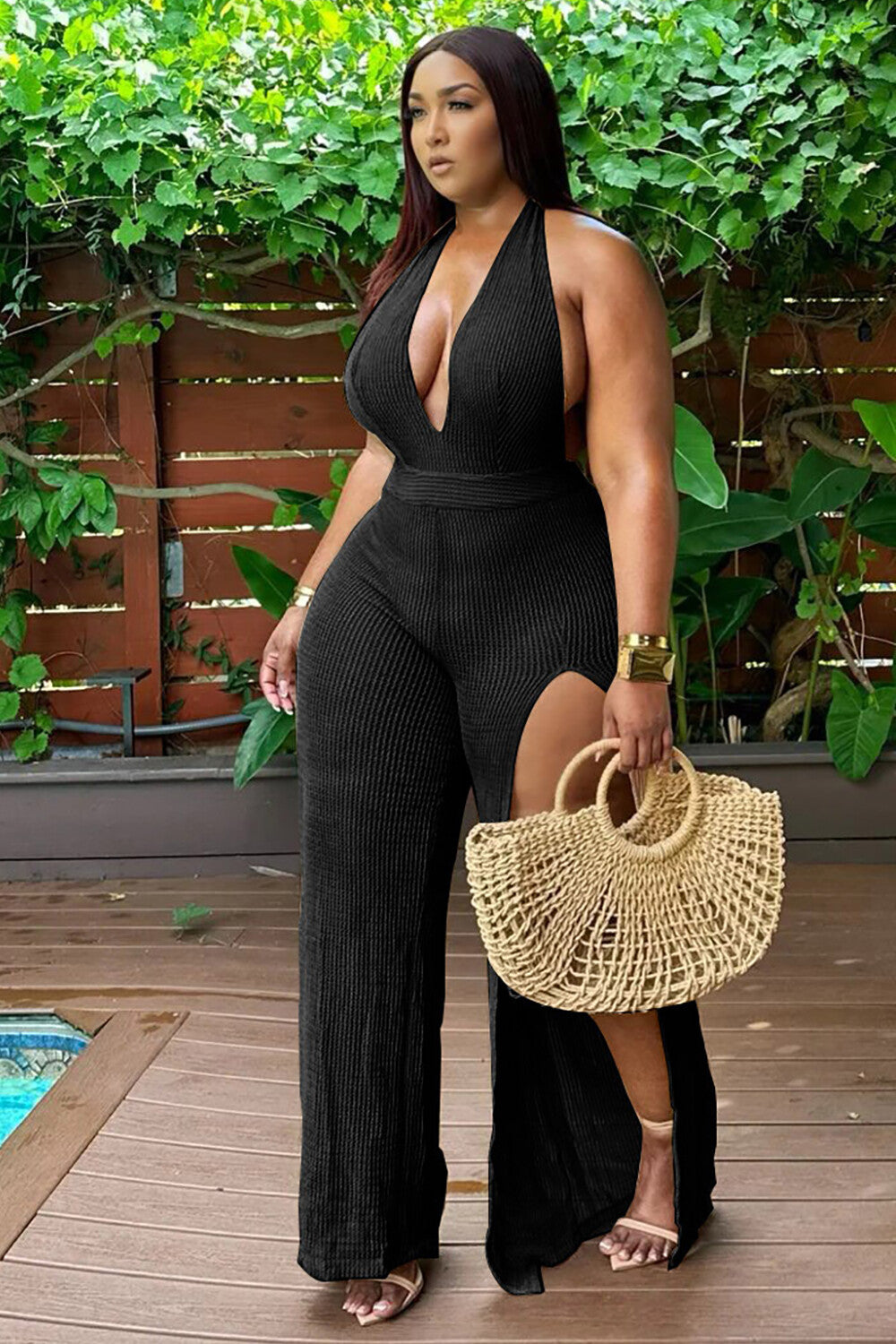 Solid Color Textured Knit Deep V Neck Halter Slit Jumpsuit-Beige