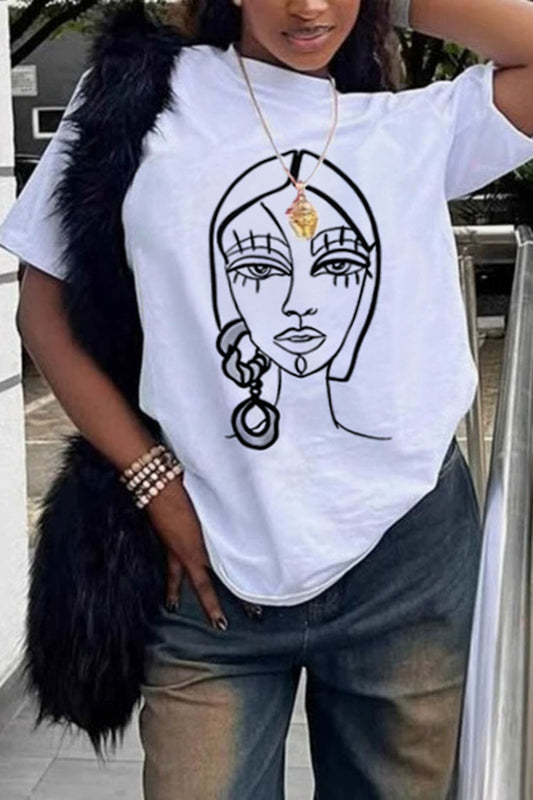 LORAGAL Sketch Girl Print Short Sleeve Loose-Fit Casual T-Shirt-White