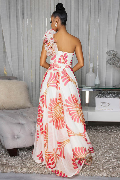 One Shoulder 3D Flower Decor Print Vacation Maxi Dresses-Red [Pre Order]