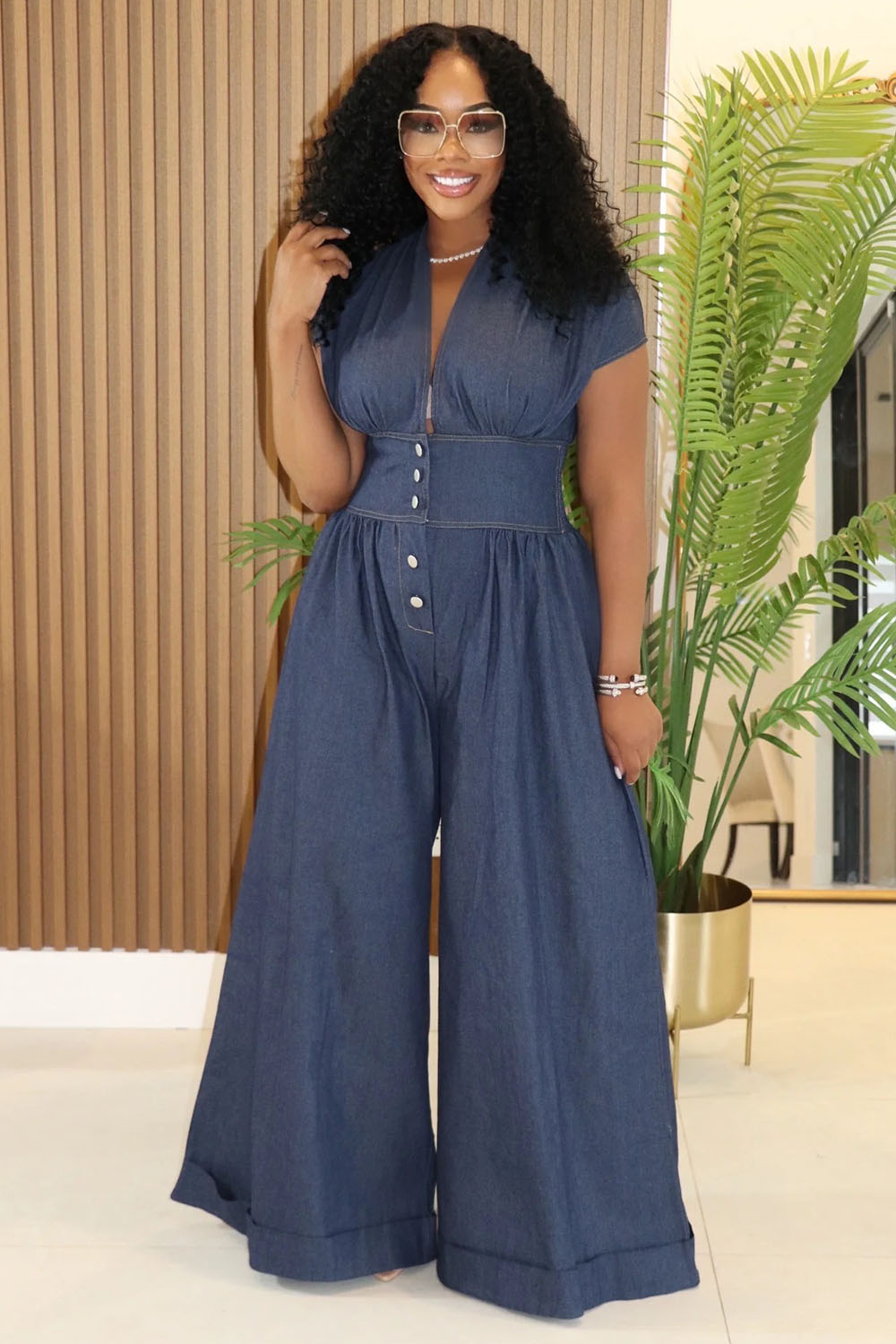 V Neck Cap Sleeve Cinched Daily Wide Leg Jumpsuit-Blue [Pre Order]