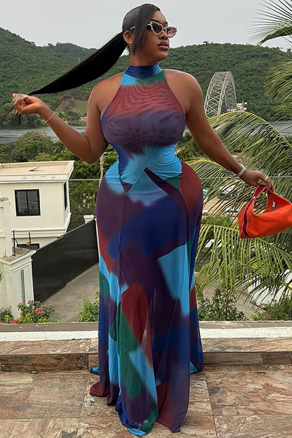Dyeing Print Sleeveless High Neck Cinch Waist Maxi Dresses-Blue