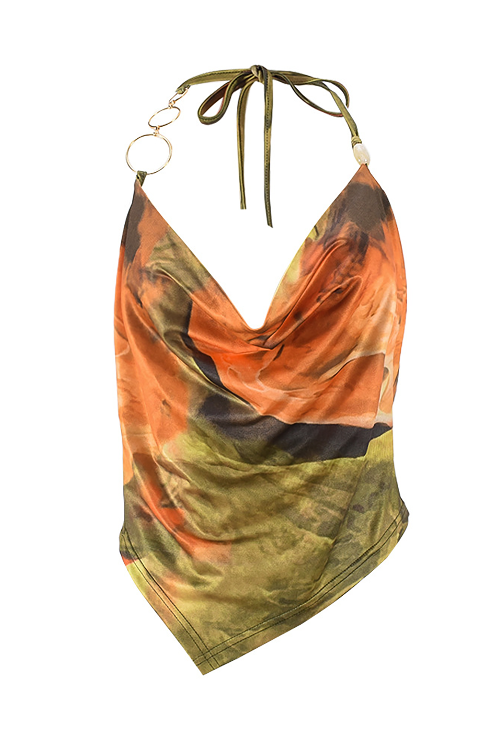 Multicolor Print Halter Neck Irregular Crop Top-Green