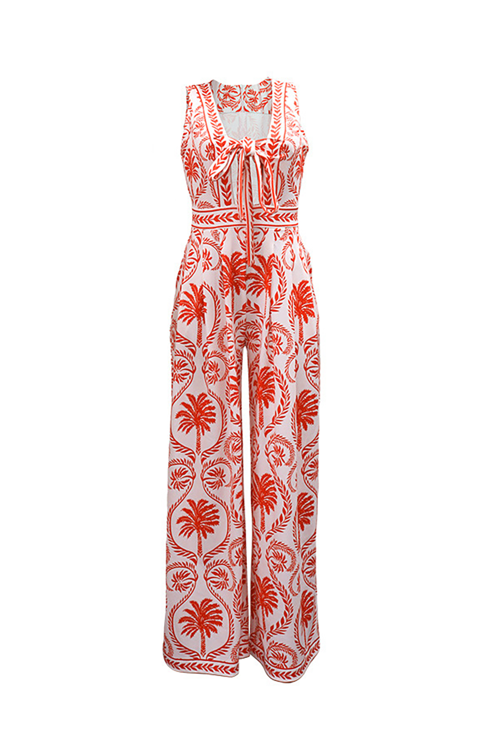 Tropical Print Tie Up V Neck Wide Leg Sleeveless Vacation Jumpsuit-Red