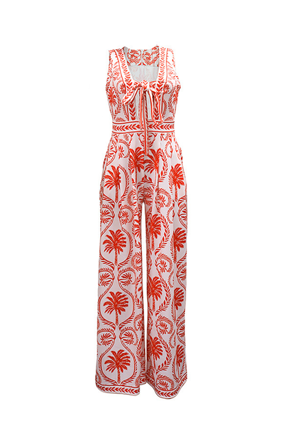 Tropical Print Tie Up V Neck Wide Leg Sleeveless Vacation Jumpsuit-Red