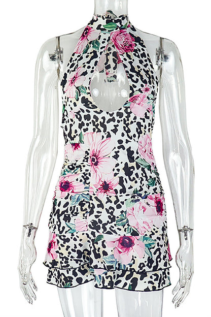 Leopard Floral Print Halter Neck Cutout Ruffled Hemline Mini Dresses-Beige