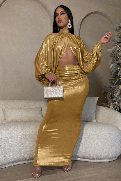 High Neck Long Lantern Sleeve Irregular Hem Top Ruched Maxi Skirt Bronzing Party Matching Set