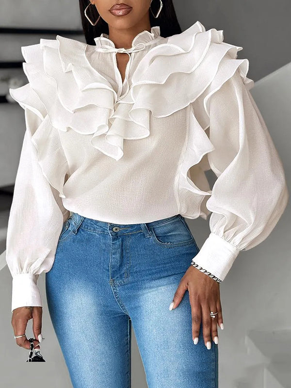 Loose Puff Sleeves Floral Gauze Lace-Up Pleated See-Through Solid Color Stand Collar Blouses