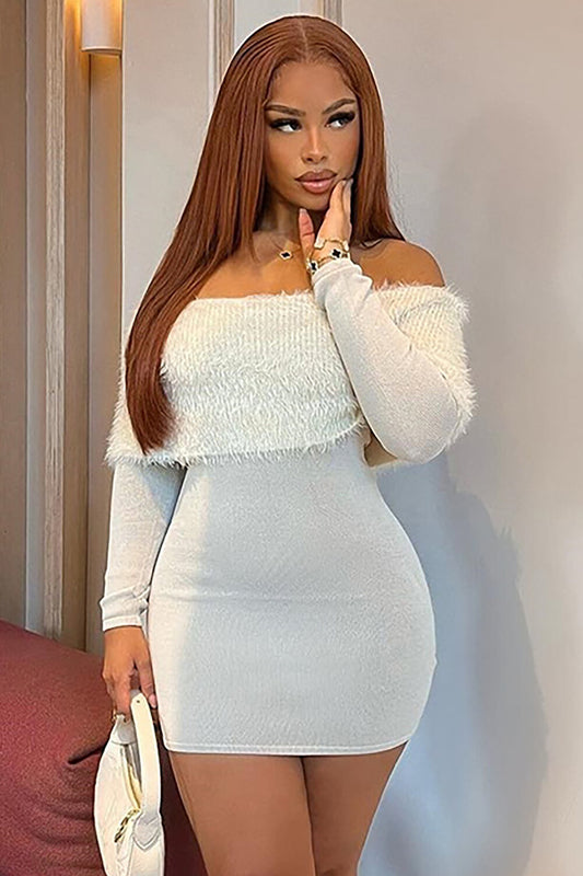 Off Shoulder Fuzzy Overlay Long Sleeve Bodycon Knit Mini Dresses-White