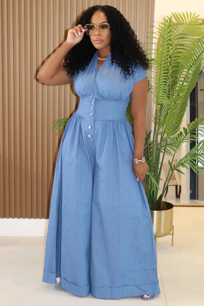V Neck Cap Sleeve Cinched Daily Wide Leg Jumpsuit-Blue [Pre Order]