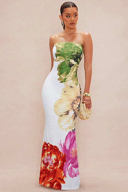 Floral Print Bodycon Maxi Tube Dresses-White
