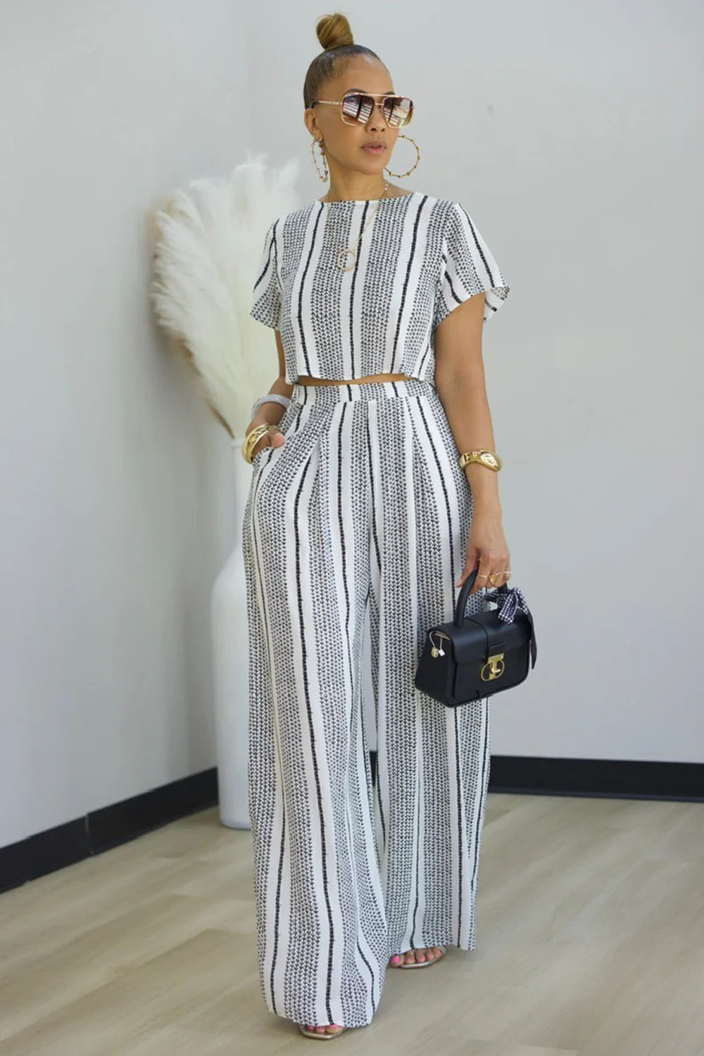 Stripe Print T-Shirt High-Rise Wide Leg Pants 2pcs Set-White [Pre Order]