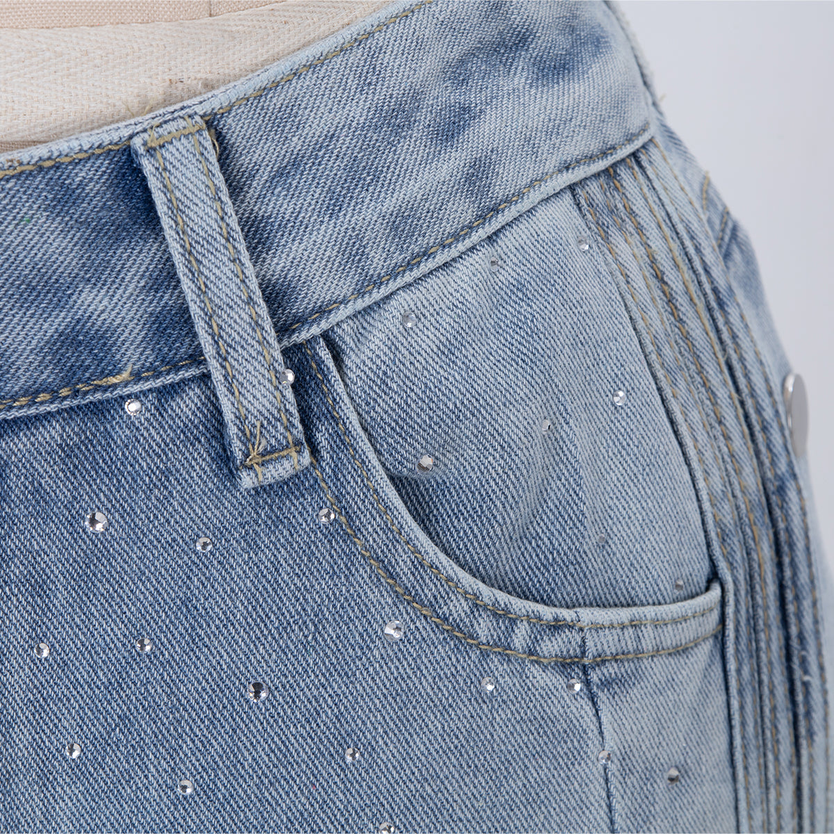 High-Waisted Rhinestone Embellished Side Button Jeans