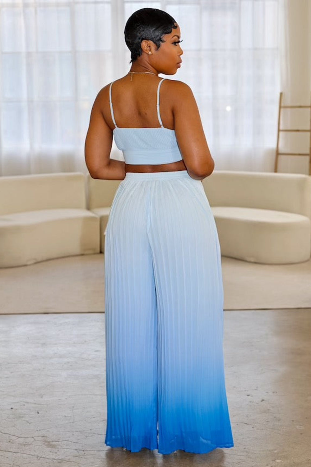 V Neck Sash Cami Top Ombre Wide Leg Pants Vacay 2pcs Set-Blue [Pre Order]