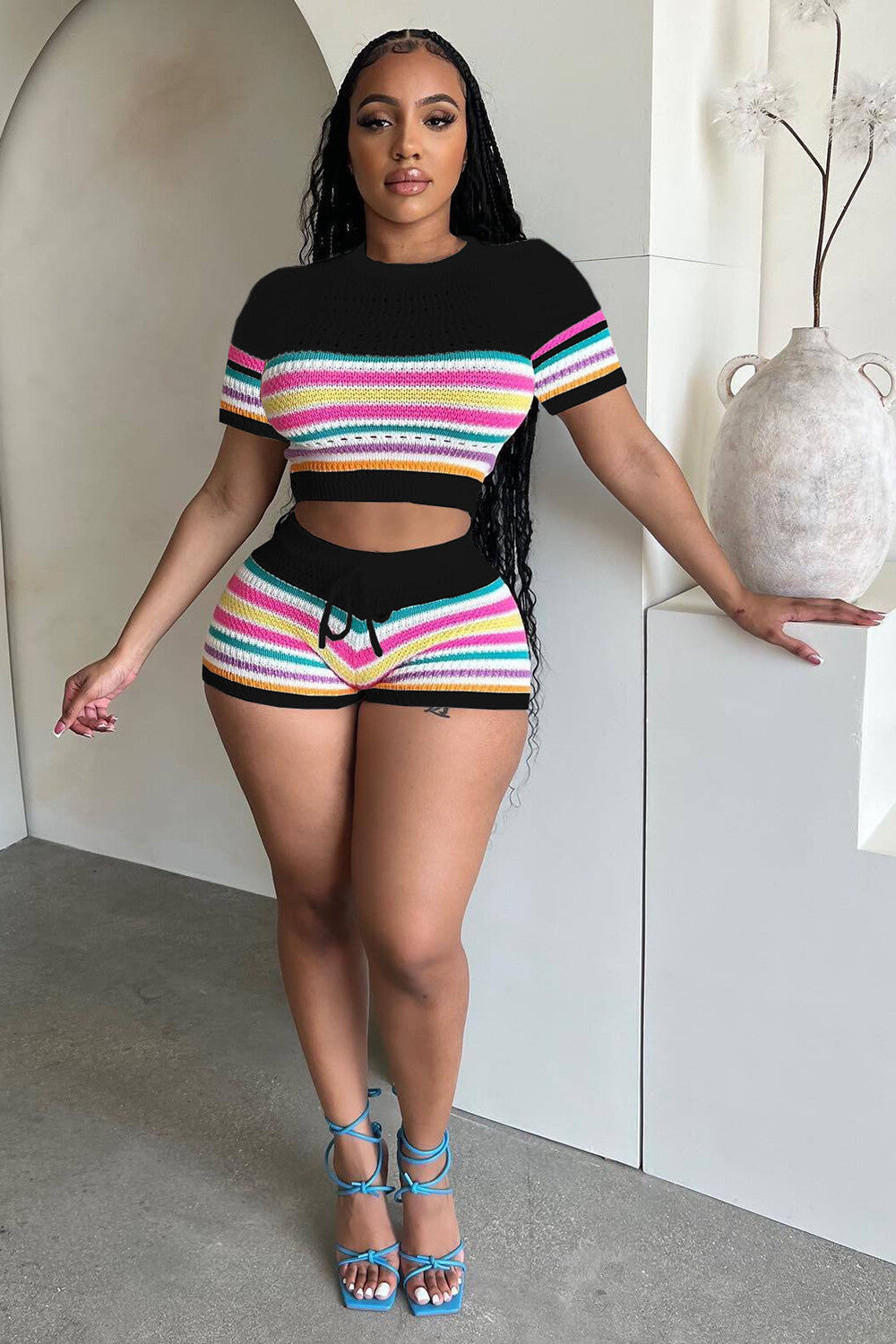 Multicolor Striped Knit Short Sleeve Crop Top Slim Fit Shorts 2pcs Set-White