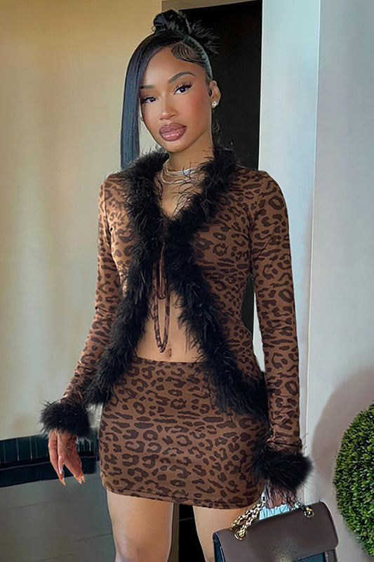 Faux Fur Trim Tie Up Long Sleeve Top Leopard Print Mini Skirt 2pcs Set-Brown