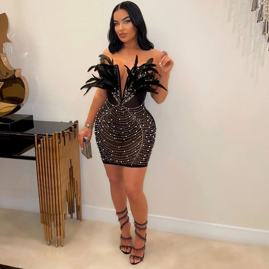 Sexy Feather Rhinestone Pearl Skinny Sheath Dress