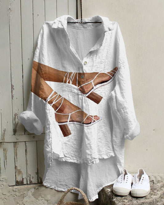 Women's Thin Strap High Heel Print Cotton And Linen Tunic Shirt
