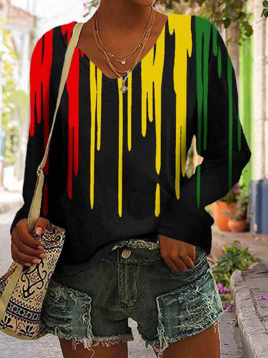 Women's Colorful Stripe Black Art Print Long Sleeve Top