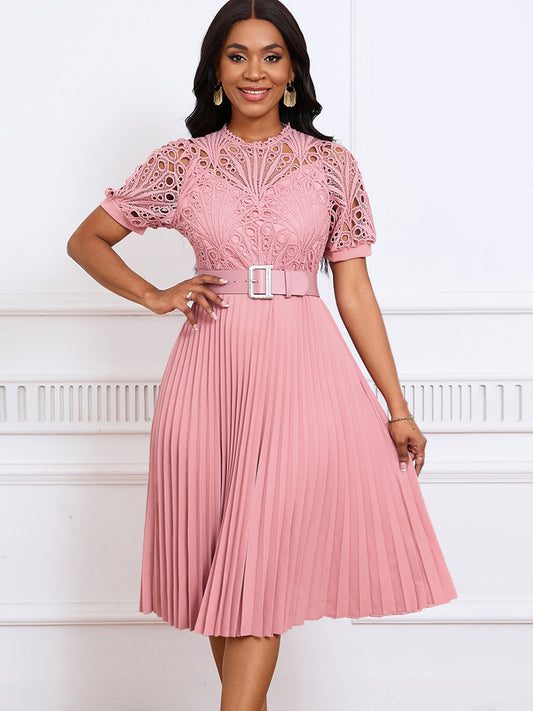 Women's Short-Sleeved Lace Stitching Pleated Dress Cross-Border Dress