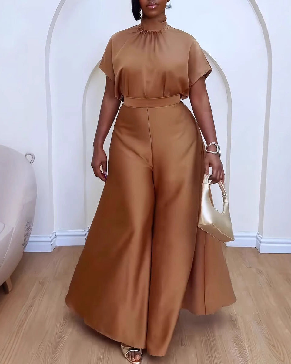 Temperament Commuter Style Satin Silky Strap Flying Sleeve Wide Leg Two-Piece Suit