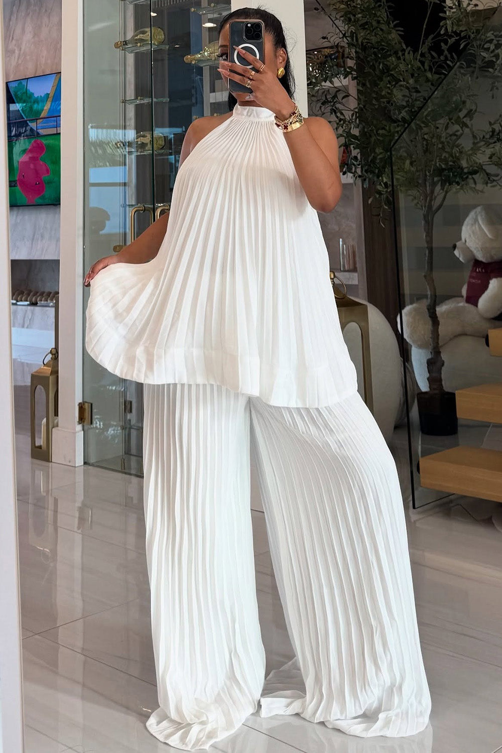 Pleated Halter Backless Top Ruffle Wide Leg Pants 2pcs Set-White [Pre Order]