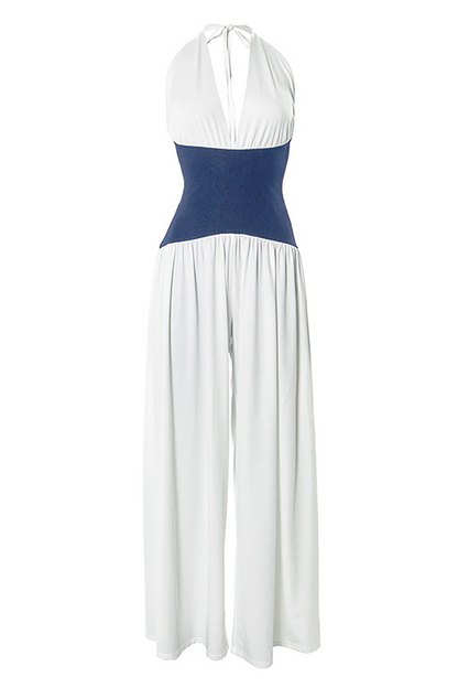 Colorblock Cinch Waist V Neck Halter Wide Leg Jumpsuit-White