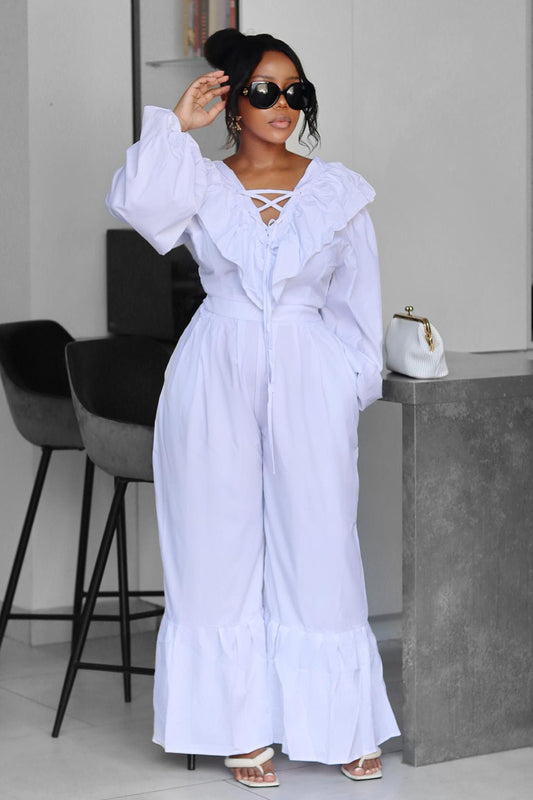 Ruffle Lace Up Blouse Wide Leg Pants Casual 2pcs Set-White [Pre Order]