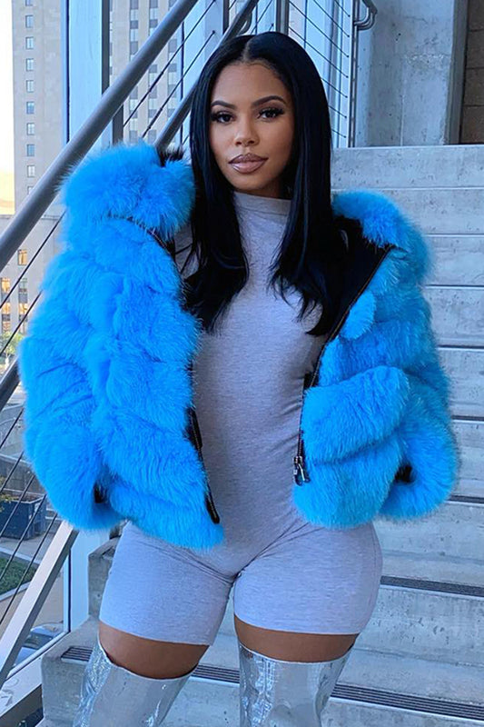 Striped Quilted Long Sleeve Fuzzy Plain Crop Jacket-Blue [Pre Order]
