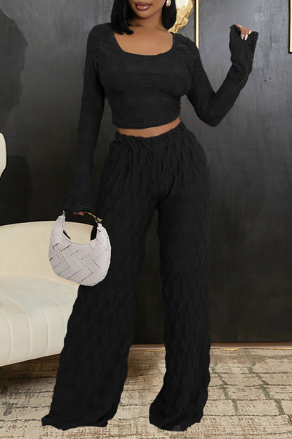 U Neck Long Sleeve Crop Top Textured Wide Leg Pants Matching Set-Brown