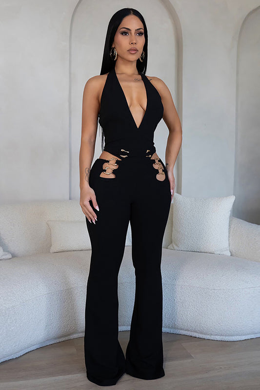 Deep V Neck Cutout Metal Rings Patchwork Flared Leg Halter Jumpsuit-Black