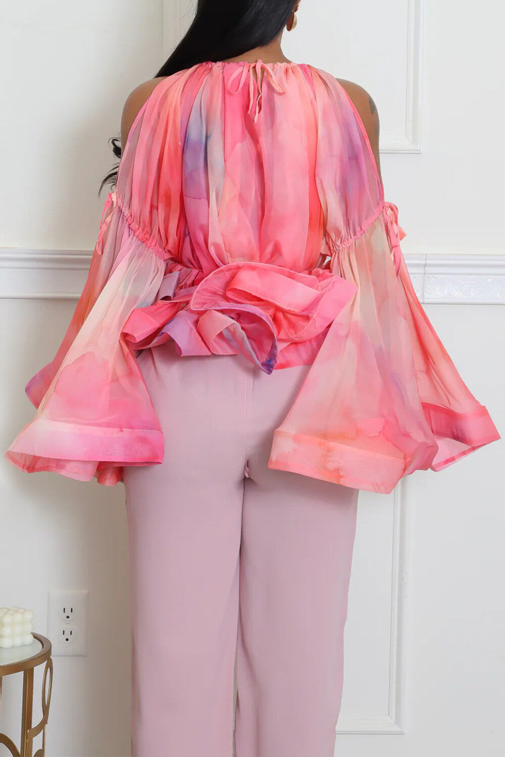 Cold Shoulder Round Neck Bell Sleeve Cinch Waist Ruffled Top-Pink