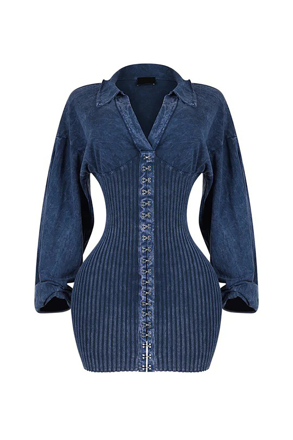 V Neck Long Sleeve Pleated Textured Patchwork Bodycon Mini Dresses-Coffee