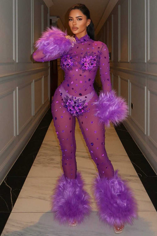 Mock Neck Fuzzy Cuff Sequin Mesh Bodycon Party Jumpsuit-Purple [Pre Order]