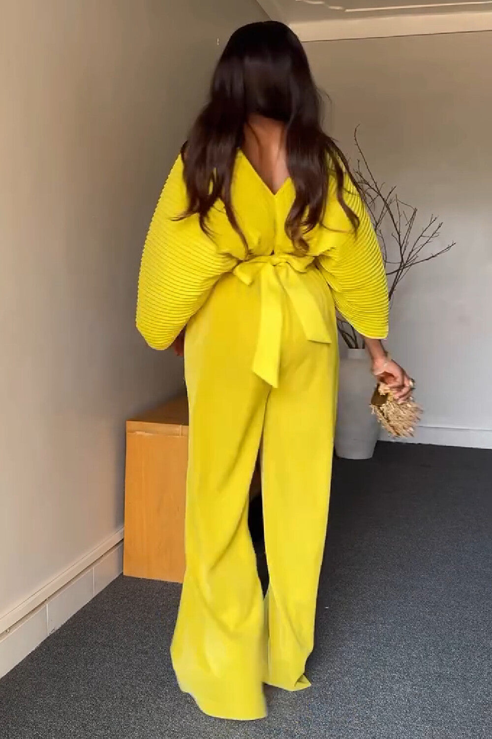 V Neck Pleated Batwing Sleeve Top High Waist Wide Leg Pants 2pcs Set-Yellow