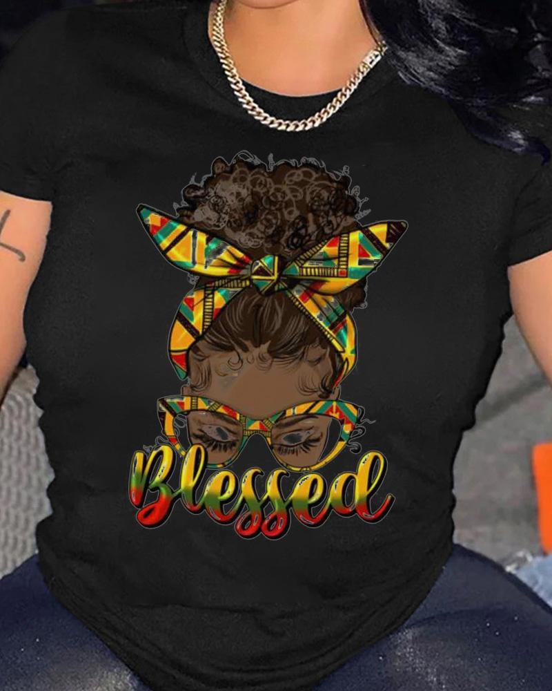 Black Girl Wearing Glasses Alphabet Print Short Sleeve T-Shirt