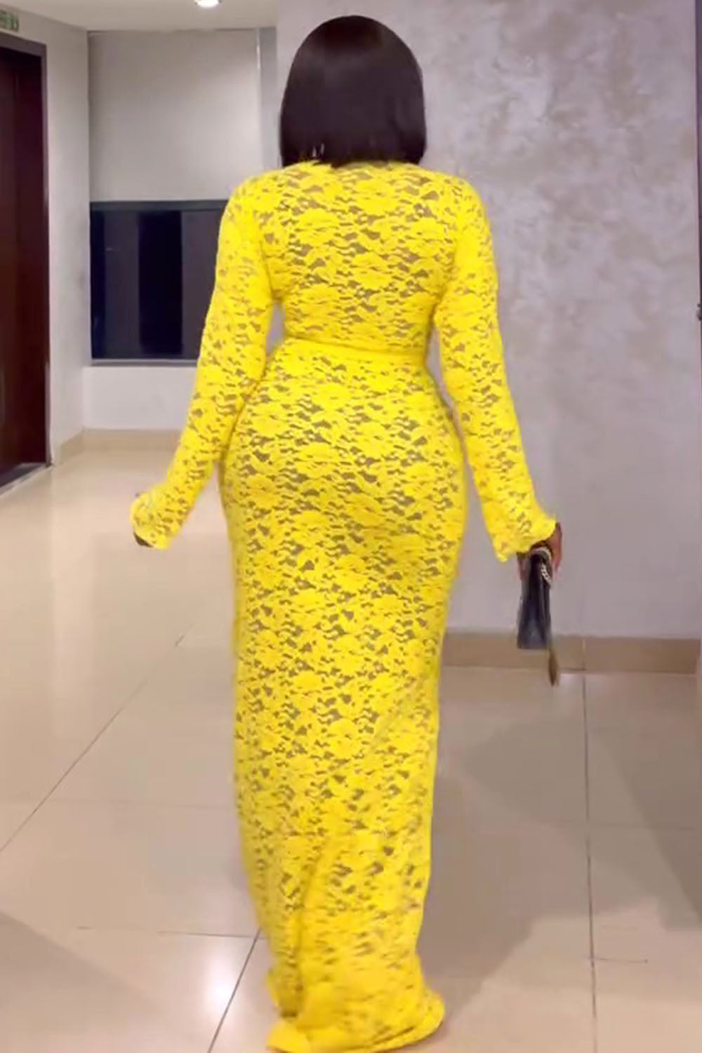 Guipure Lace Long Sleeve Top Slim-Fit Maxi Skirt 2pcs Set-Yellow [Pre Order]