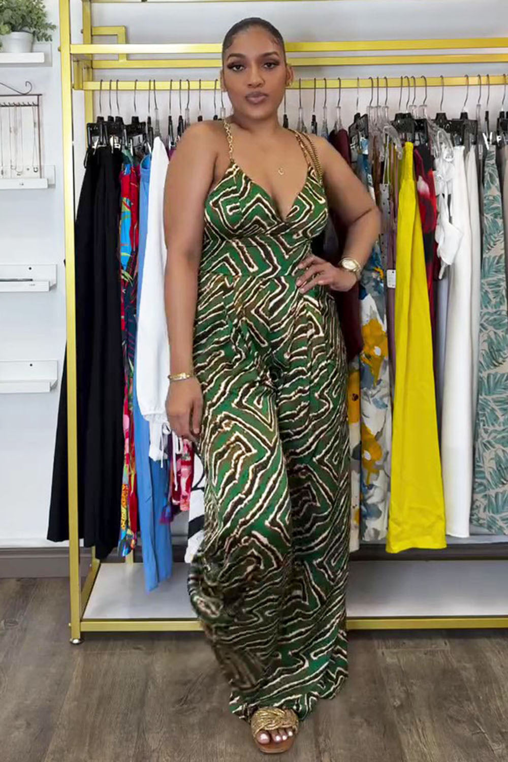 V Neck Back Cross Cami Print Vacation Wide Leg Jumpsuit-Green [Pre Order]