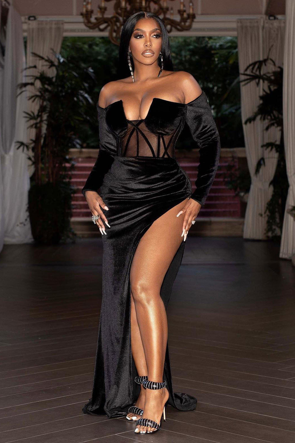 Off Shoulder Mesh Corset Slit Party Maxi Velvet Dresses-Black [Pre Order]