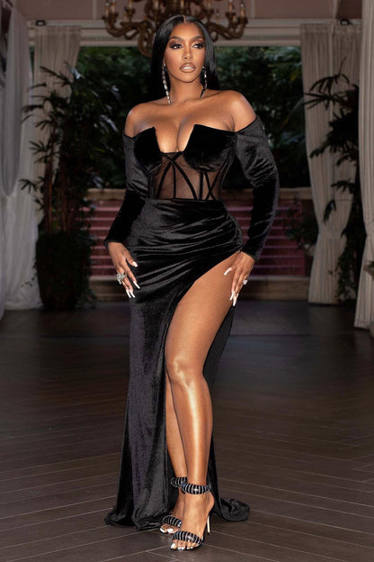 Off Shoulder Mesh Corset Slit Party Maxi Velvet Dresses-Black [Pre Order]