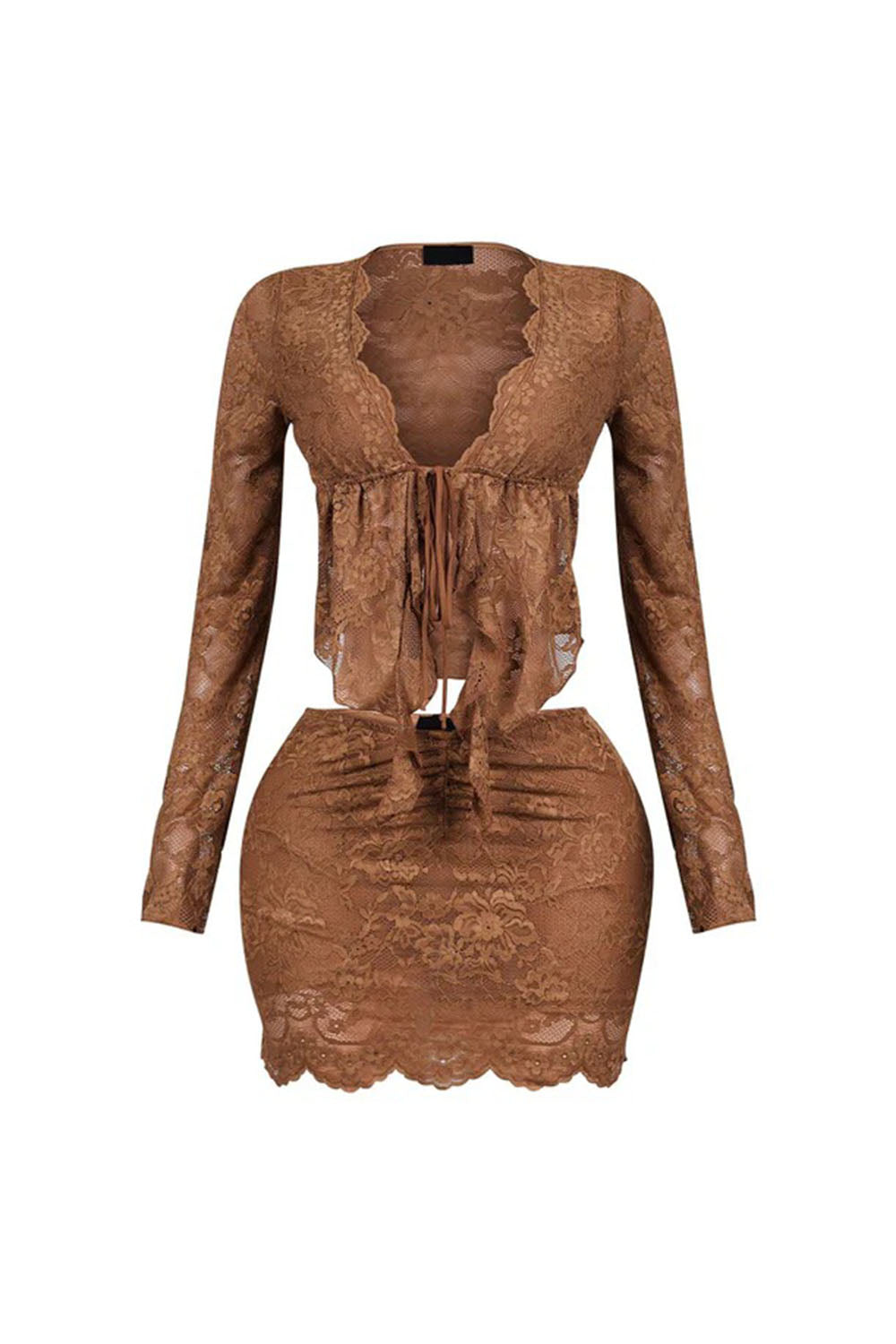 V Neck Long Sleeve Sash Cardigan Mini Skirt Lace 2pcs Set-White [Pre Order]