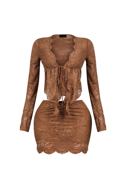 V Neck Long Sleeve Sash Cardigan Mini Skirt Lace 2pcs Set-White [Pre Order]