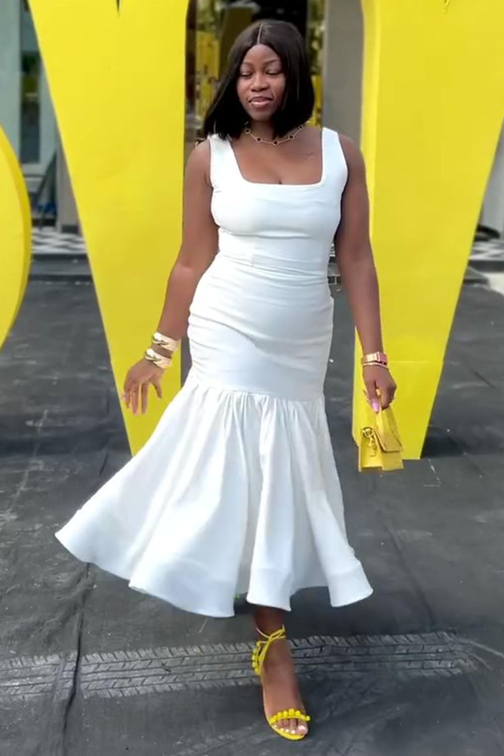 Square Neck Sleeveless Daily Solid Fishtail Midi Dresses-White [Pre Order]