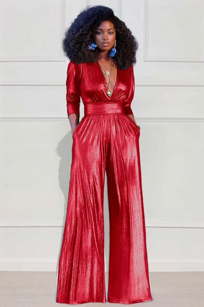 Party Reflective Half Sleeve V Neck Wide Leg Jumpsuits