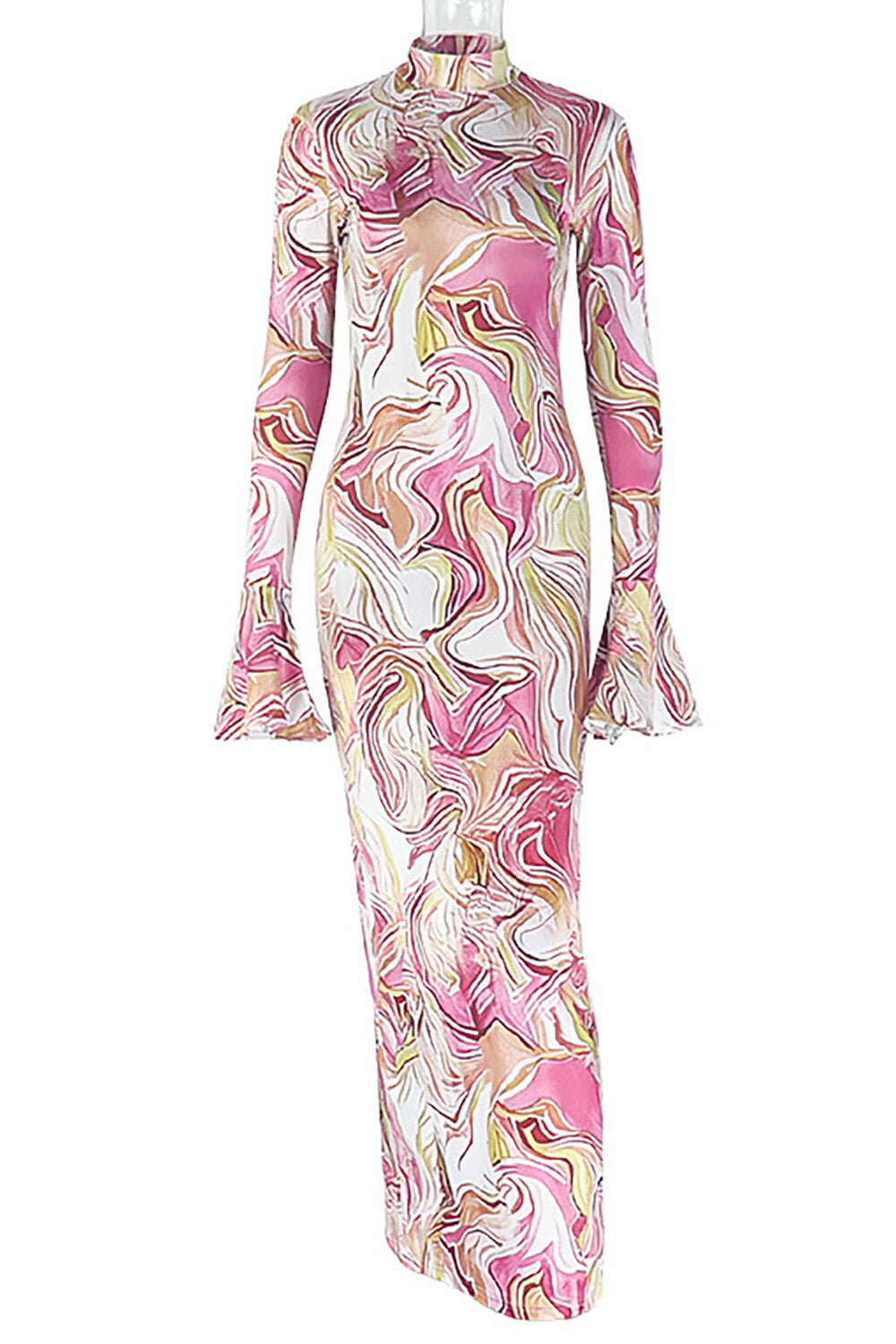 Marble Print Stand Collar Flare Sleeve Slim Fit Maxi Dresses-Pink
