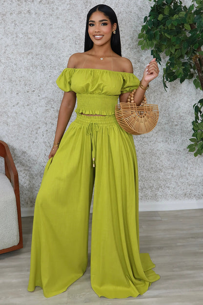 Off Shoulder Puff Sleeve Ruched Top Wide Leg Pants 2pcs Set-Green [Pre Order]
