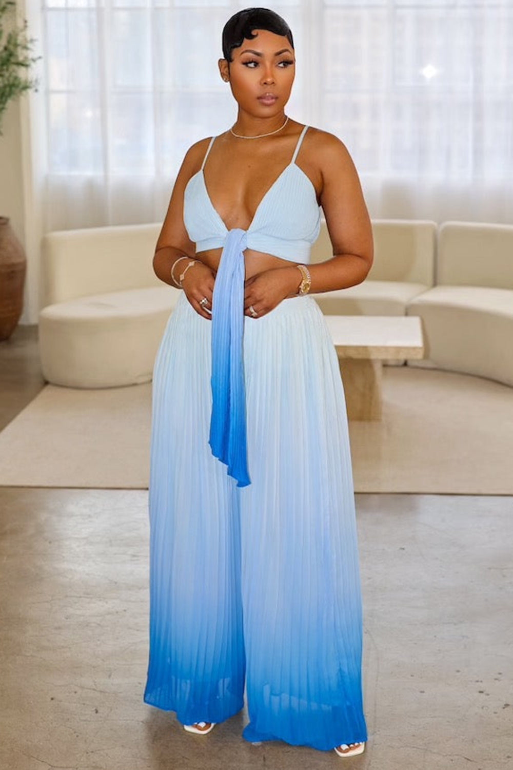 V Neck Sash Cami Top Ombre Wide Leg Pants Vacay 2pcs Set-Blue [Pre Order]