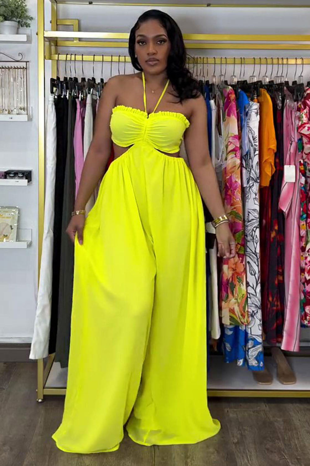 Halter Ruched Ruffle Cut Out Oversized Wide Leg Jumpsuit-Yellow [Pre Order]