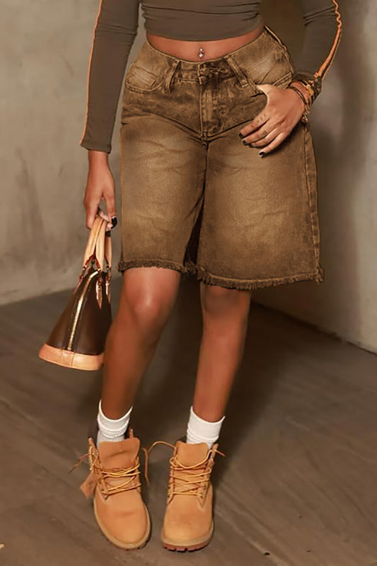 Denim Raw Edge Loose-Fitting Casual Shorts-Brown