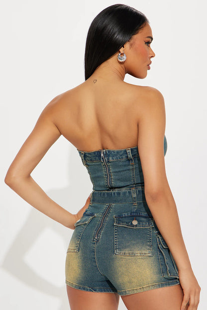 Boat Neck Strapless Belted Pockets Denim Casual Playsuit Romper-Blue